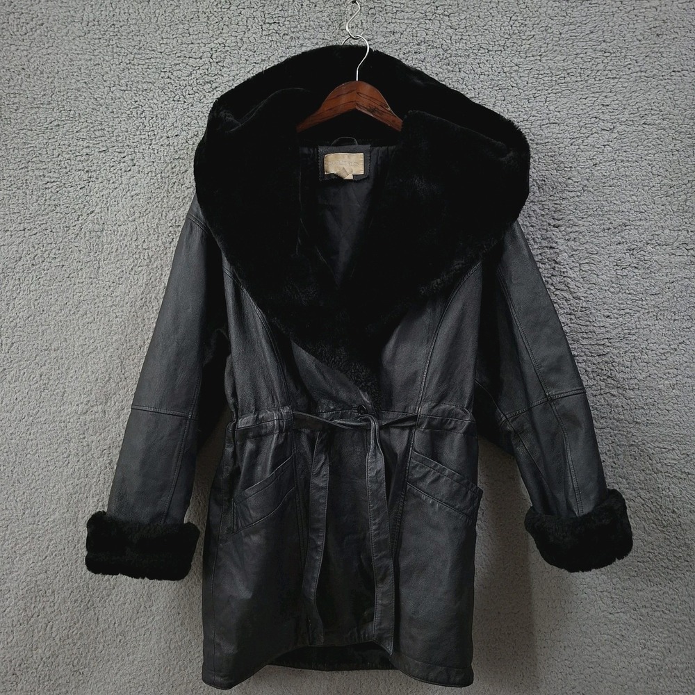 Vintage Womens Coat Duster Belted Medium Black Hooded Faux Fur Lined Penny Lane